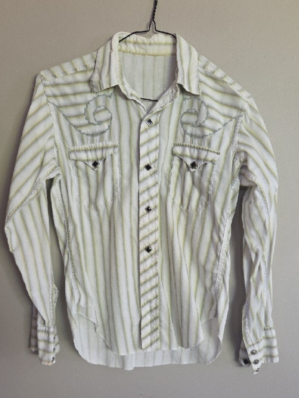 VTG Striped Snap-Up Western Shirt in Green and White - Picture 2 of 9